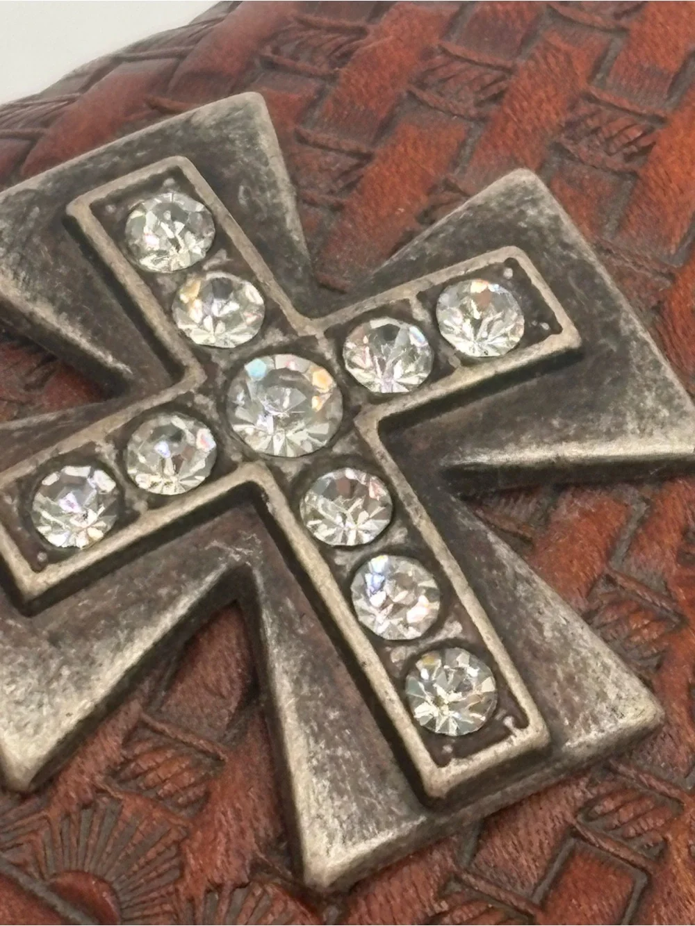 Nocona Leather Cell Phone Belt Holster Cross‎ Rhinestone Tooled Western Black